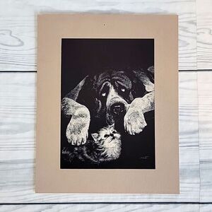 Rudy Droguett "Babysitter" dog and cat print vintage 1976